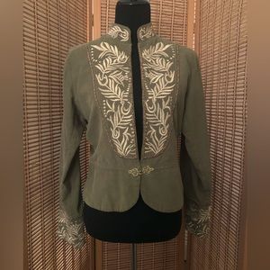 Galeno corduroy green peplum jacket with gold accents, size M
